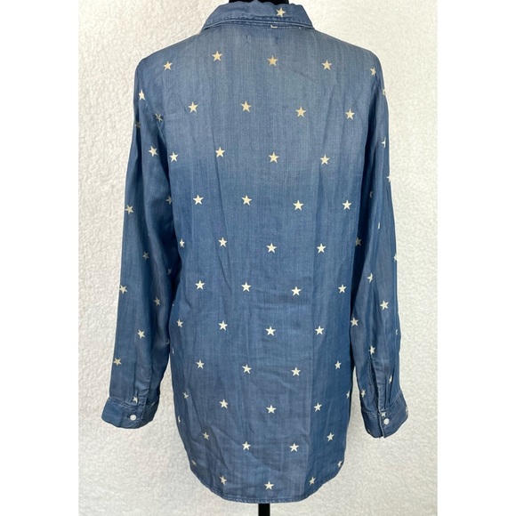 SNEAK PEEK • Blue Chambray Denim Star Print Long Sleeve Button-Down Shirt - Picture 6 of 14